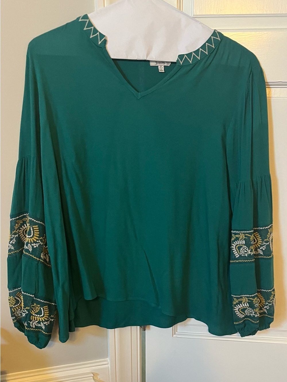 JODIFL Teal Embroidered Bell-Sleeve V-Neck Blouse
